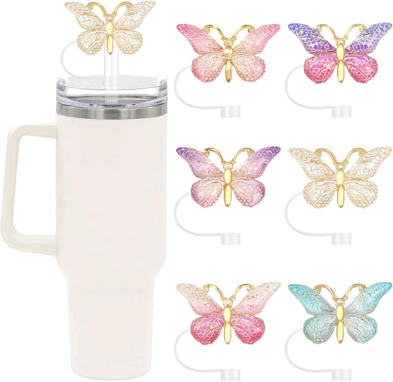 SEMATA 6PCS Cute Butterfly Straw Cover Cap for Stanley Cup Accessories,Bling Straw Toppers for Stanley Tumbler 40&30 oz,Reusable Straws Tips Protectors Compatible with 10mm Straws - Image 1